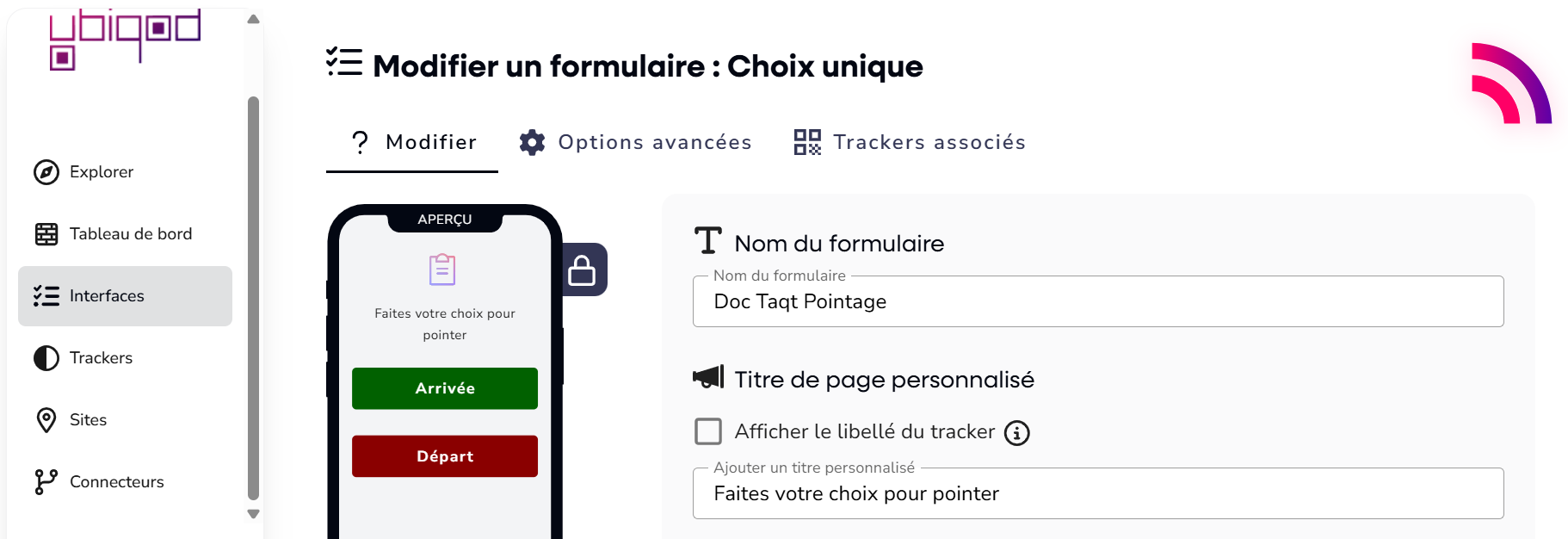 Interface de pointage dans Ubiqod