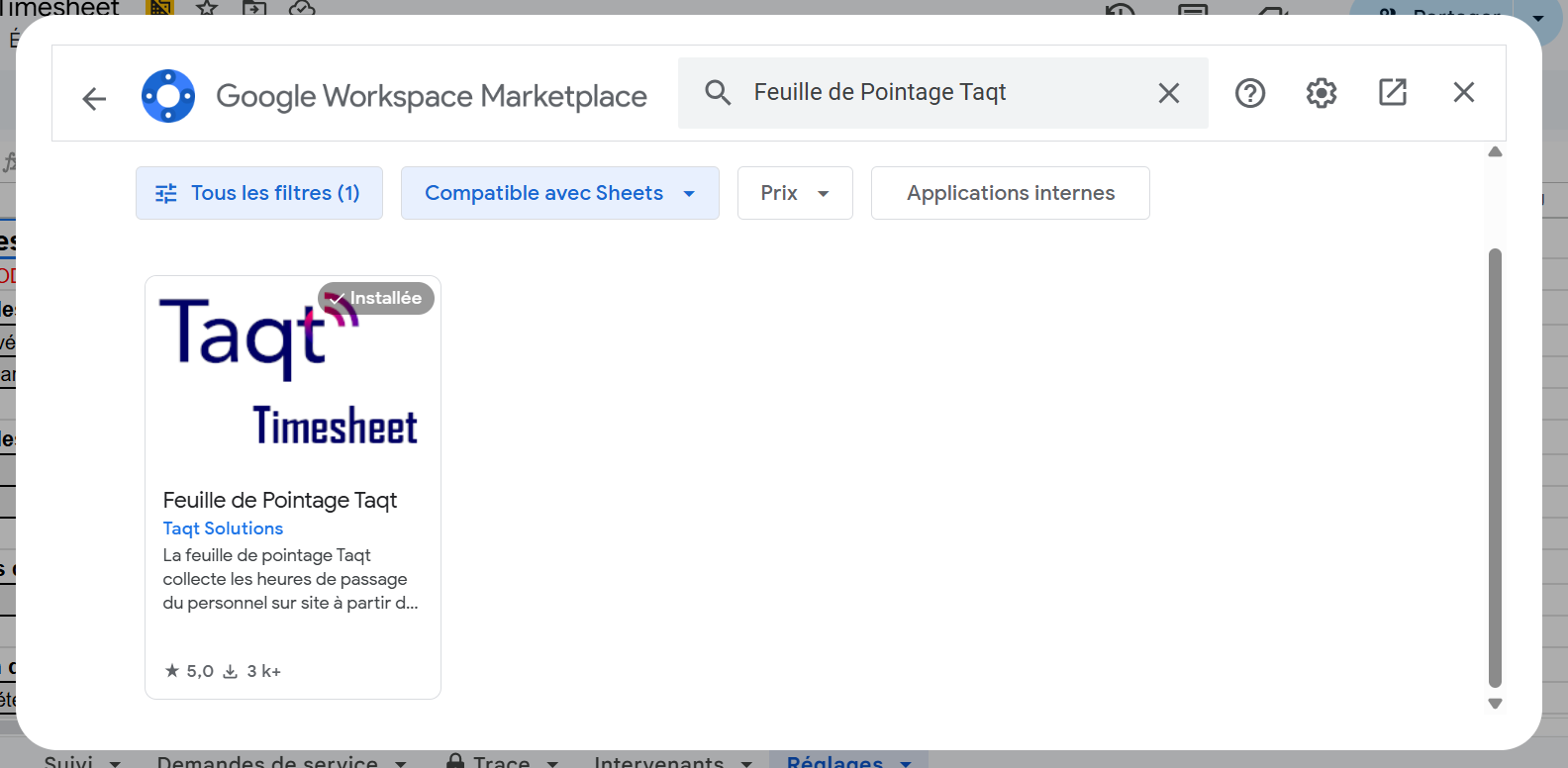 Feuille de pointage Taqt dans Google Workspace Marketplace