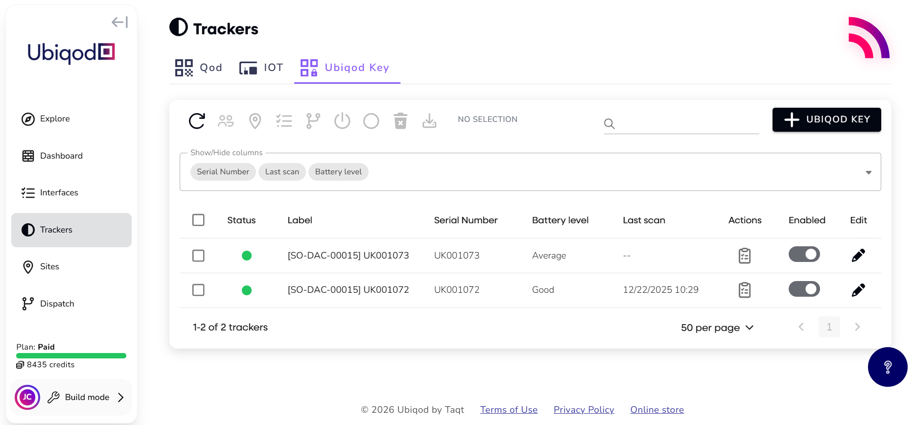 Battery level in the tracker list