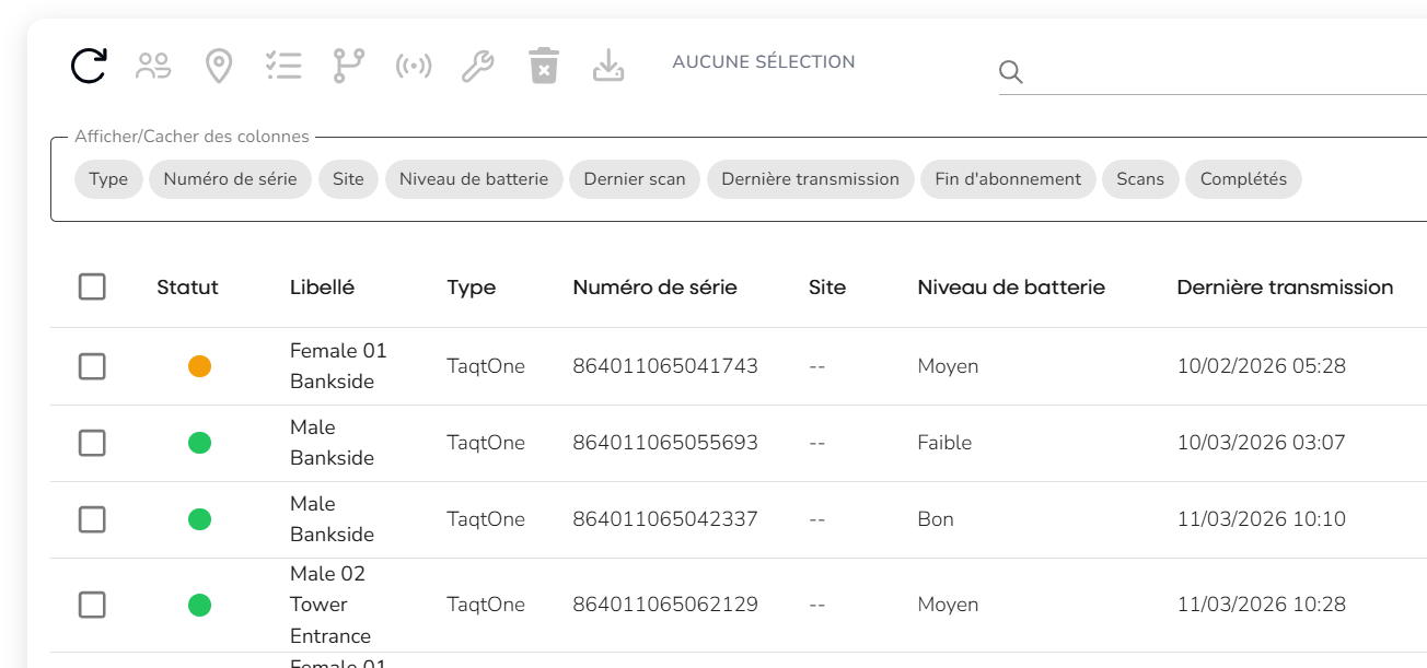 Niveau de pile des TaqtOne dans la liste des trackers