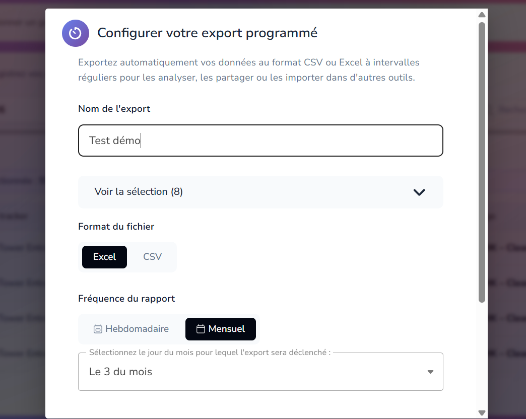 Paramètres des exports programmés