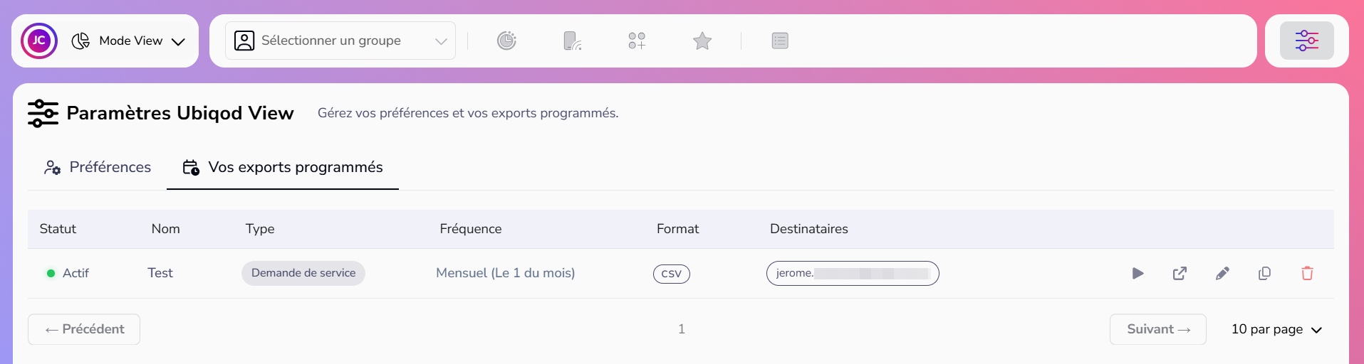 Liste des exports programmés