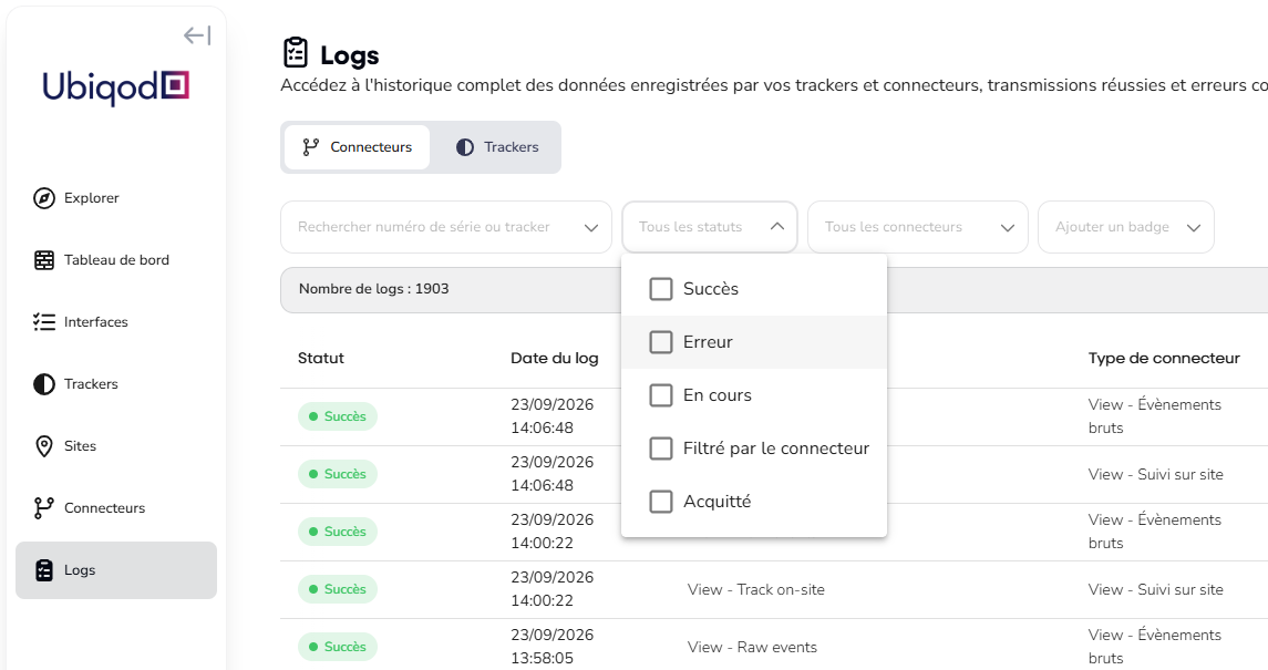 Ecran de visualisation des logs Ubiqod au niveau du compte