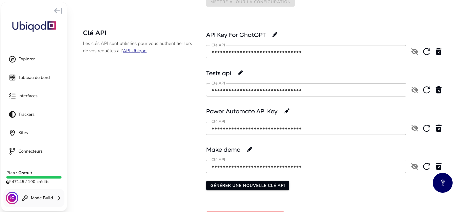 Gestion des clefs API dans Ubiqod