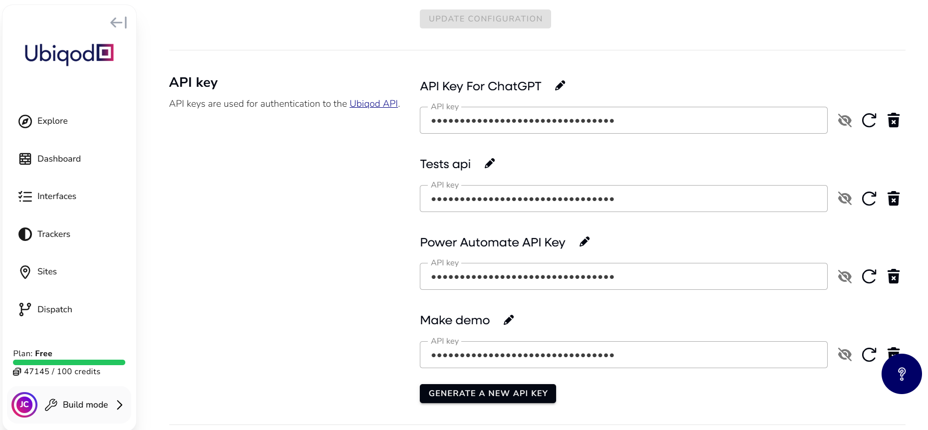 Manage API keys in the Ubiqod platform