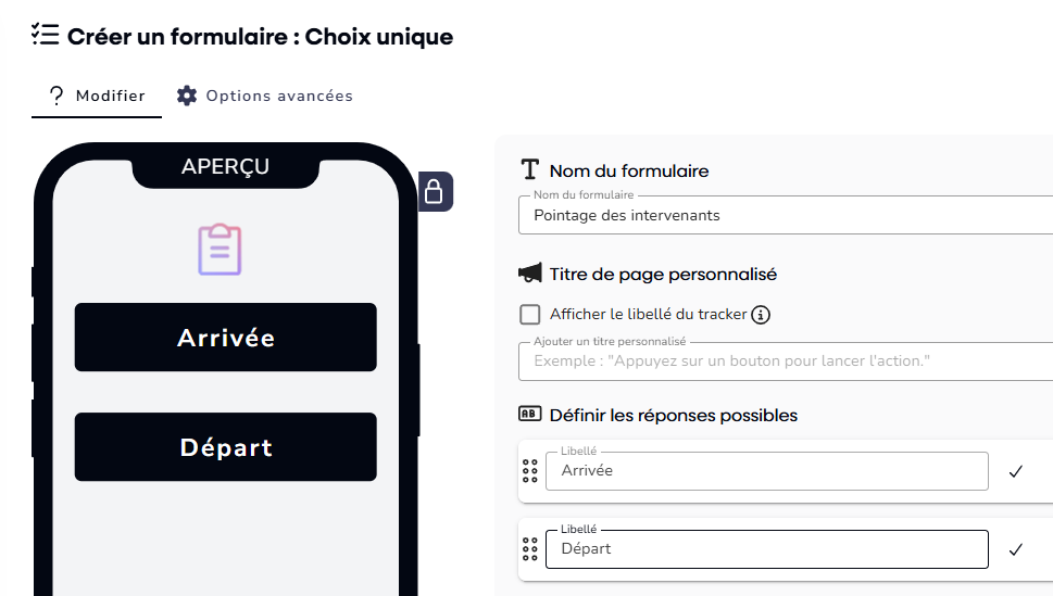 Interface de pointage par défaut
