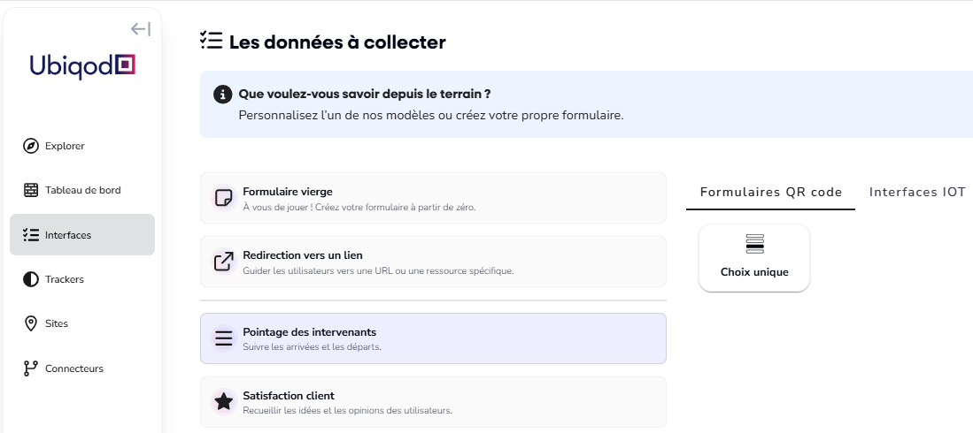 Choix du formulaire de pointage par QR code