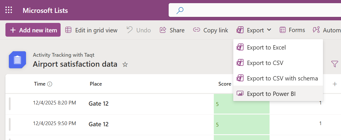 Export des données Microsoft Lists dans Power BI