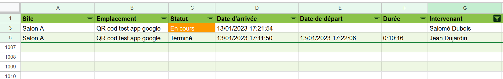 Feuille de pointage Google Sheets