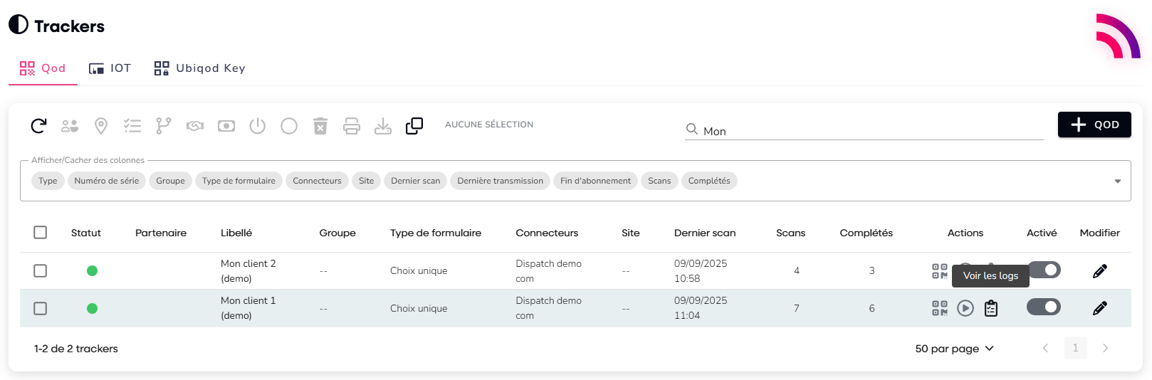 Log des trackers dans Ubiqod