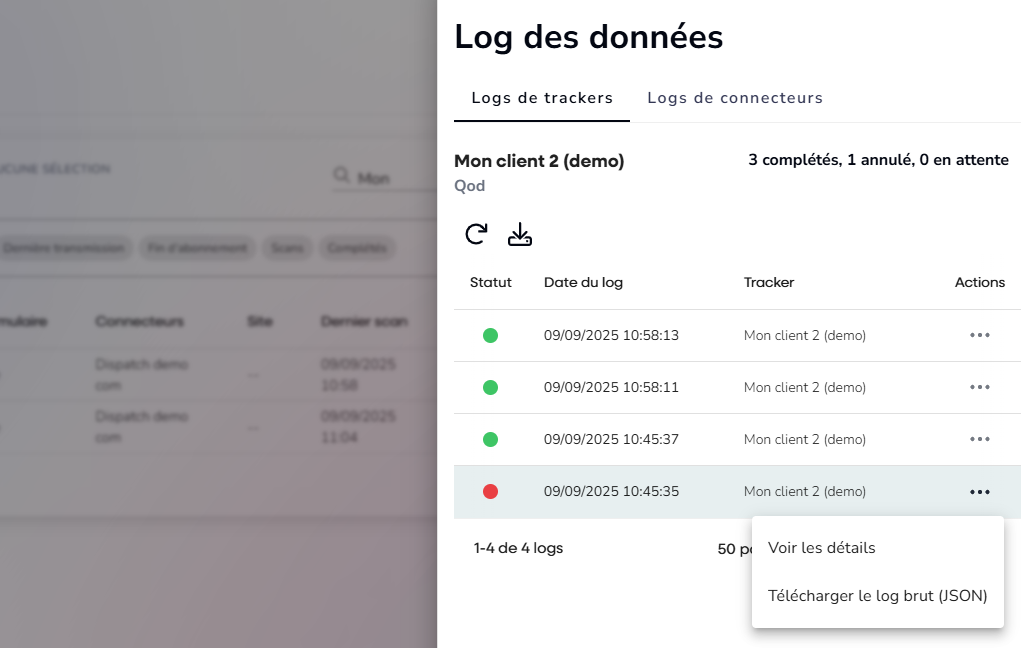 Liste des données dans le log