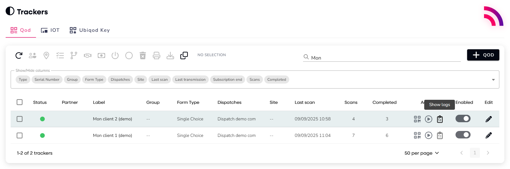 Tracker data log in Ubiqod