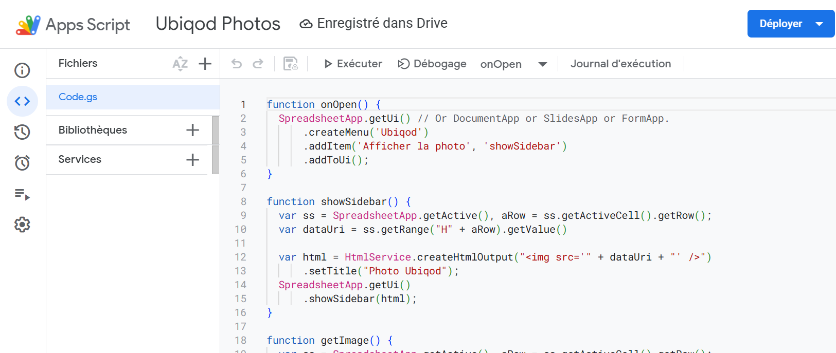 Editeur de code Apps Script