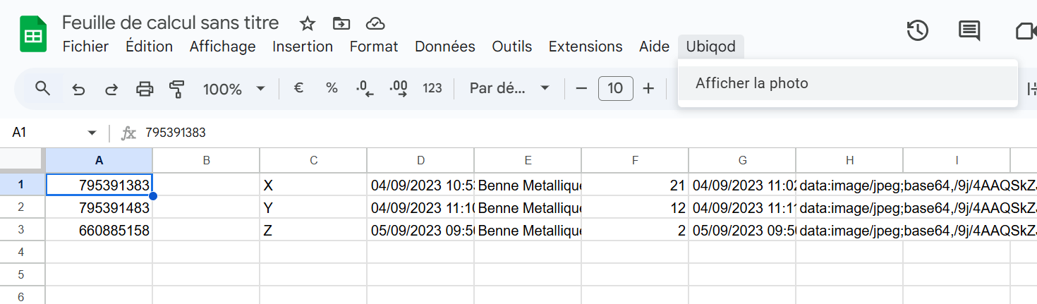 Menu affichage de la photo dans le Google Sheets