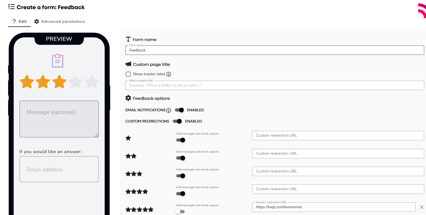 Customize feedback form for QR codes